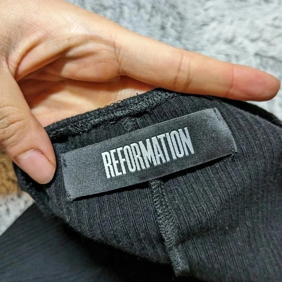 Reformation Black Mini Dress Long Sleeve Ruched Large Knit Ribbed Cally - Picture 8 of 8